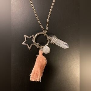 Pink Tassel Charm Necklace Multiple Charms Silver Necklace